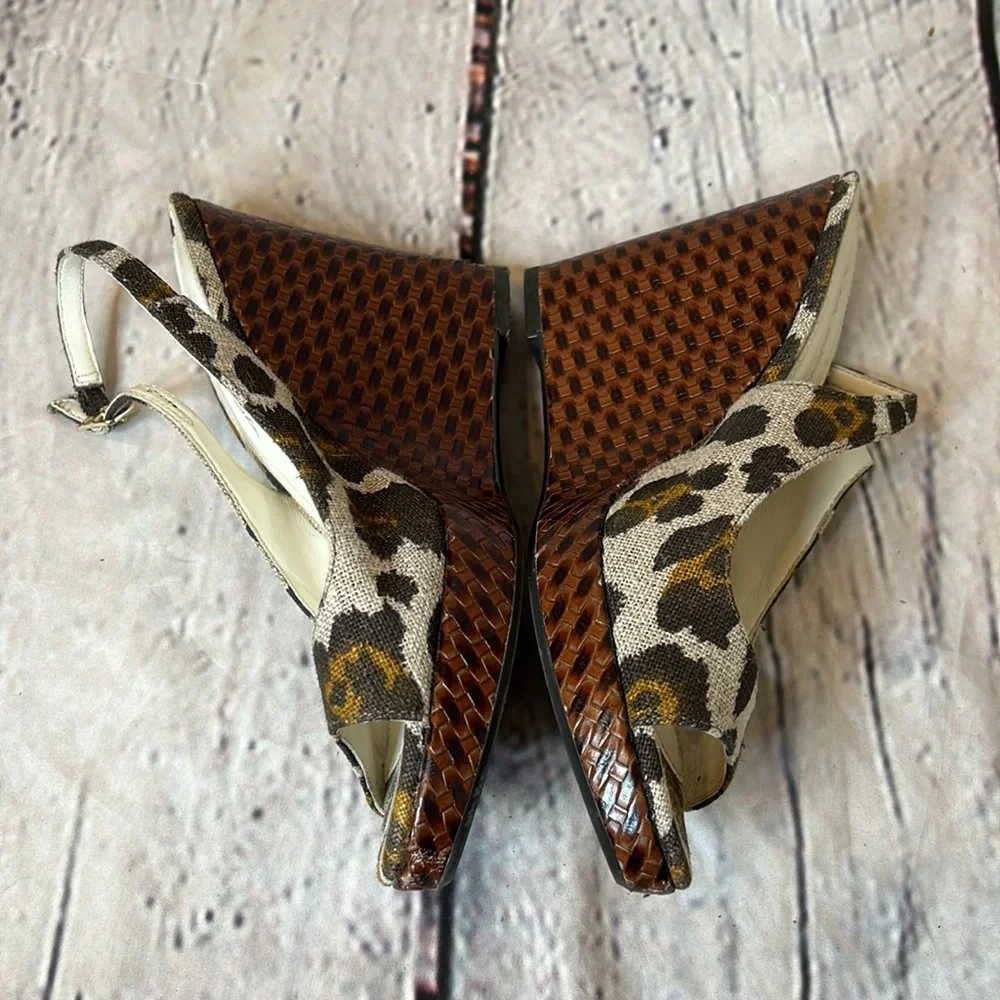 Via Spiga Brown Leopard Linen Leather Lining Slingback Wedge Sandals Size 6.5